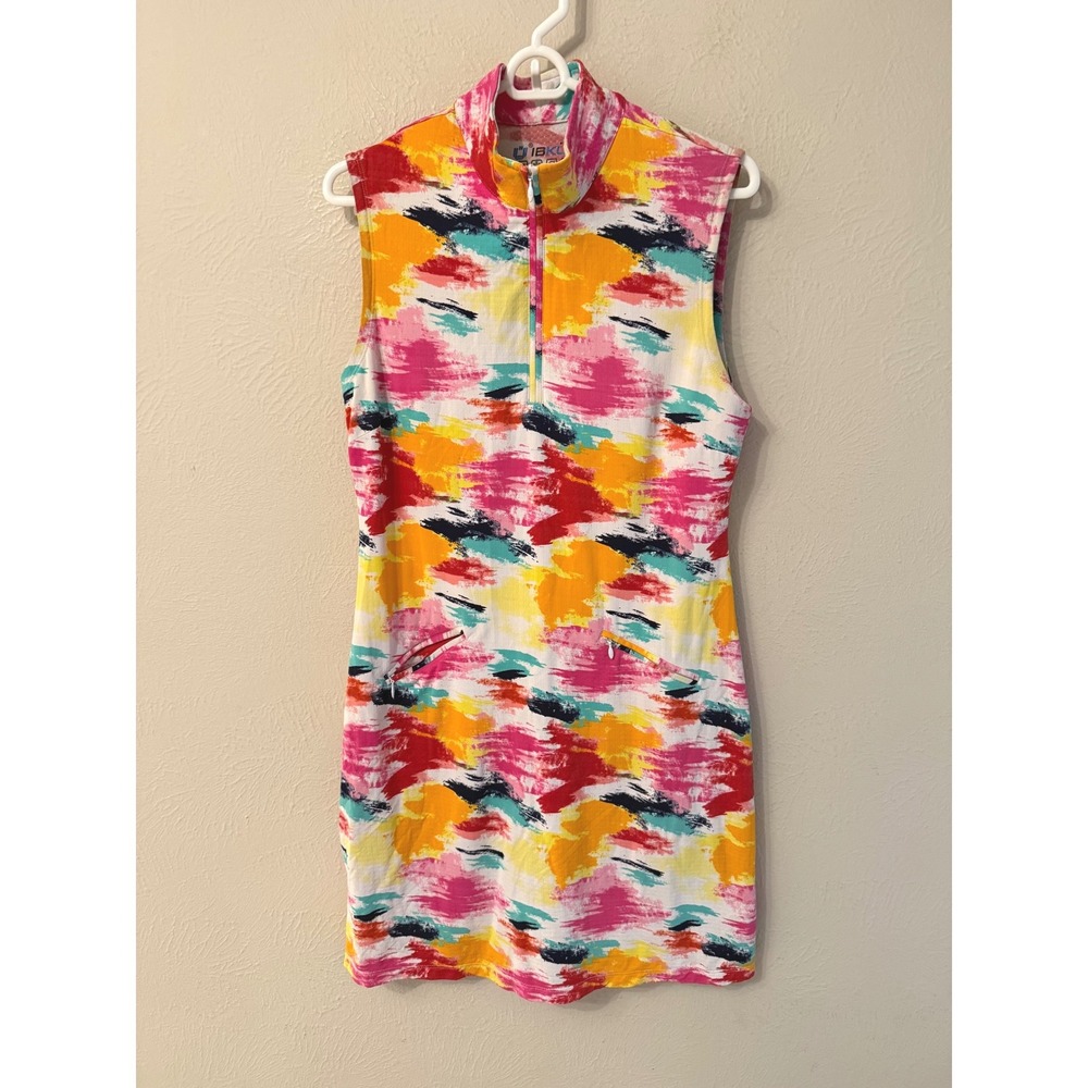 IBKUL Womens Sleeveless Golf Dress Abstract Multi Color Quarter Zip UPF 50+ M